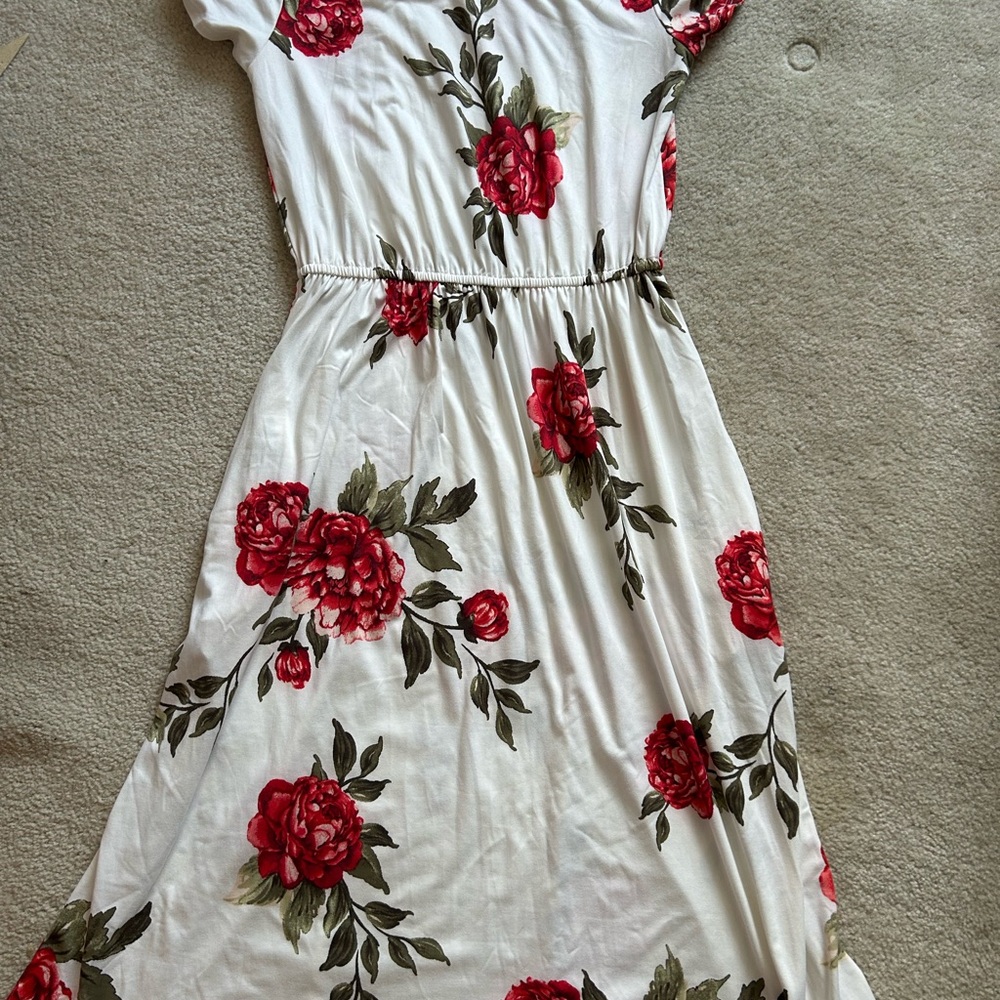 White Floral Midi Dress with Red Roses